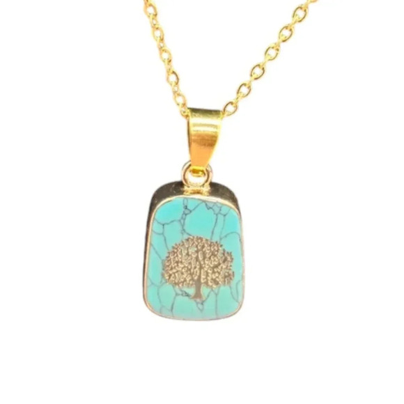 Turquoise Blue Tree of Life Pendant with 18in Gold Chain - Picture 3 of 6